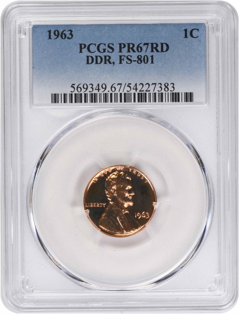 1963 Proof Lincoln Cent DDR FS-801 PR67RD Certified by PCGS: 1963 Proof Lincoln Cent DDR FS-801 PR67RD Certified by PCGS This is a 1963 Lincoln Cent featuring a doubled die reverse (DDR) with the FS-801 designation. Graded PR67RD by PCGS, this proof coin is unc