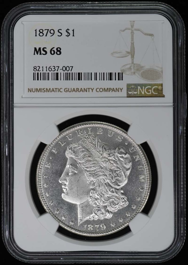 1879-S NGC MS68 Uncirculated Morgan Dollar San Francisco: 1879-S NGC MS68 Uncirculated Morgan Dollar San Francisco This stunning 1879-S Morgan Dollar is certified by NGC with a remarkable grade of MS68, indicating its uncirculated condition and exceptional p
