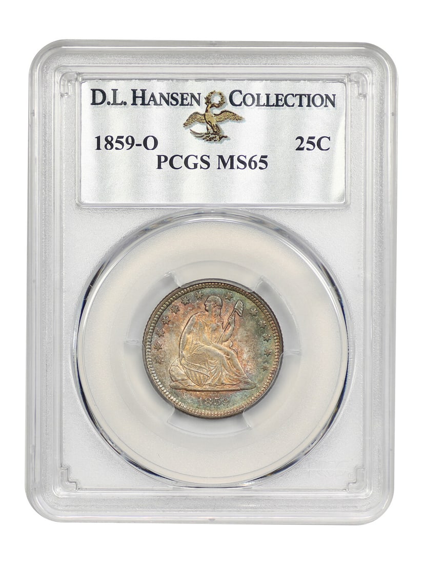 Liberty Seated Quarter 1859-O 25C PCGS MS65 ex D.L. Hansen: Liberty Seated Quarter 1859-O 25C PCGS MS65 ex D.L. Hansen This 1859-O 25C Liberty Seated Quarter is certified by PCGS and graded MS65. It is an uncirculated example from the New Orleans Mint, with ce