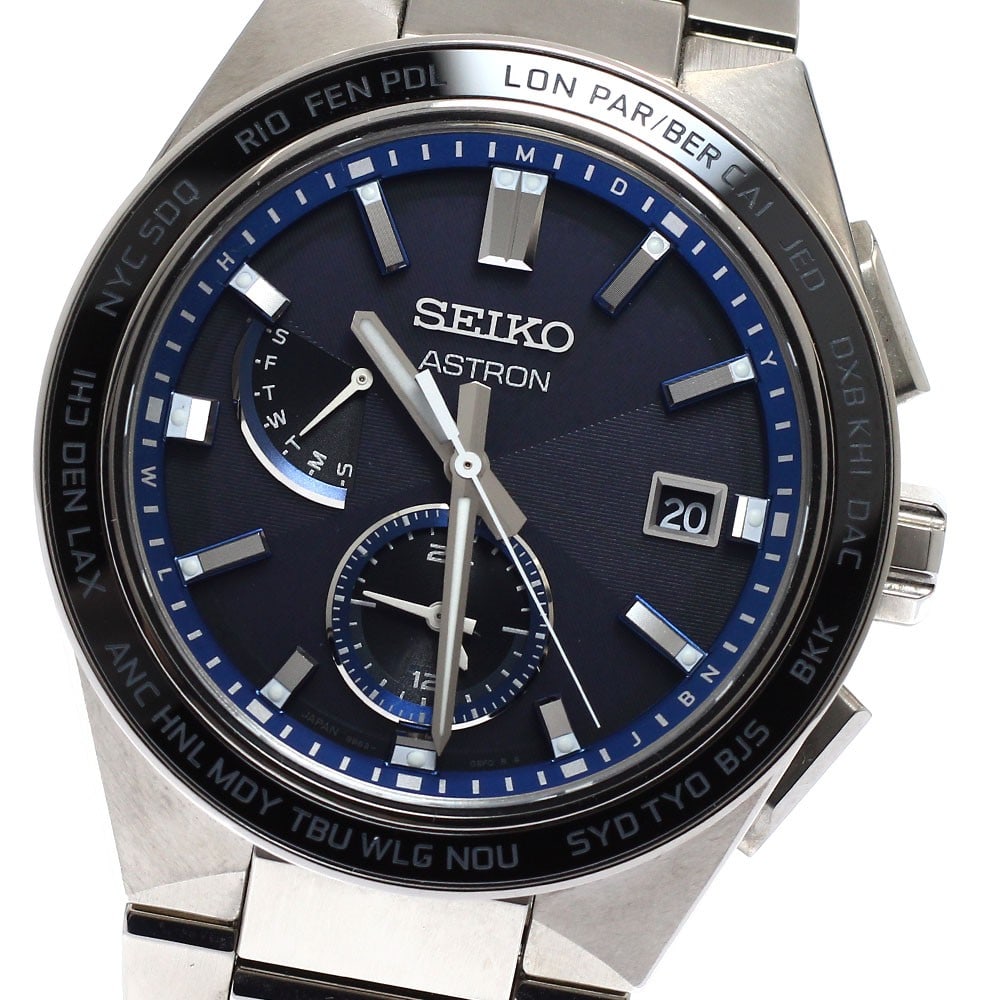 SEIKO Astron Nextar titanium solar radio controlled wristwatch SBXY051: SEIKO Astron Nextar titanium solar radio controlled wristwatch SBXY051 This Seiko Astron Nextar World Time men's wristwatch features a titanium case and band, offering durability and a lightweight fee