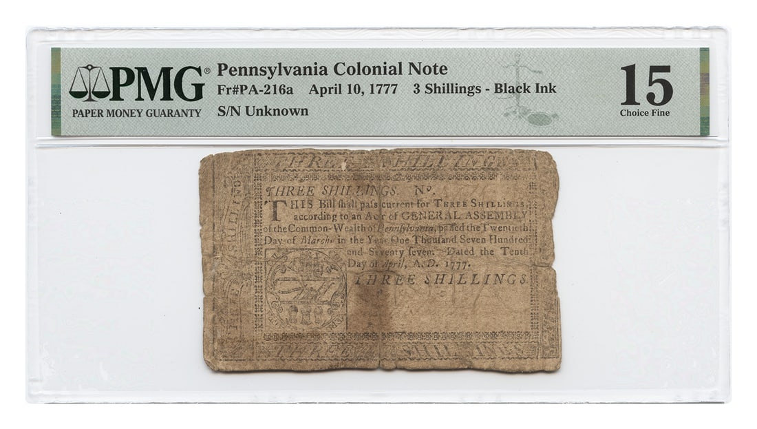 Pennsylvania Colonial 3 Shillings Note April 10 1777 PMG Fine 15: Pennsylvania Colonial 3 Shillings Note April 10 1777 PMG Fine 15 Pennsylvania Colonial Currency 3 Shillings note dated April 10, 1777, certified by PMG and graded Choice Fine 15. It is listed as circu