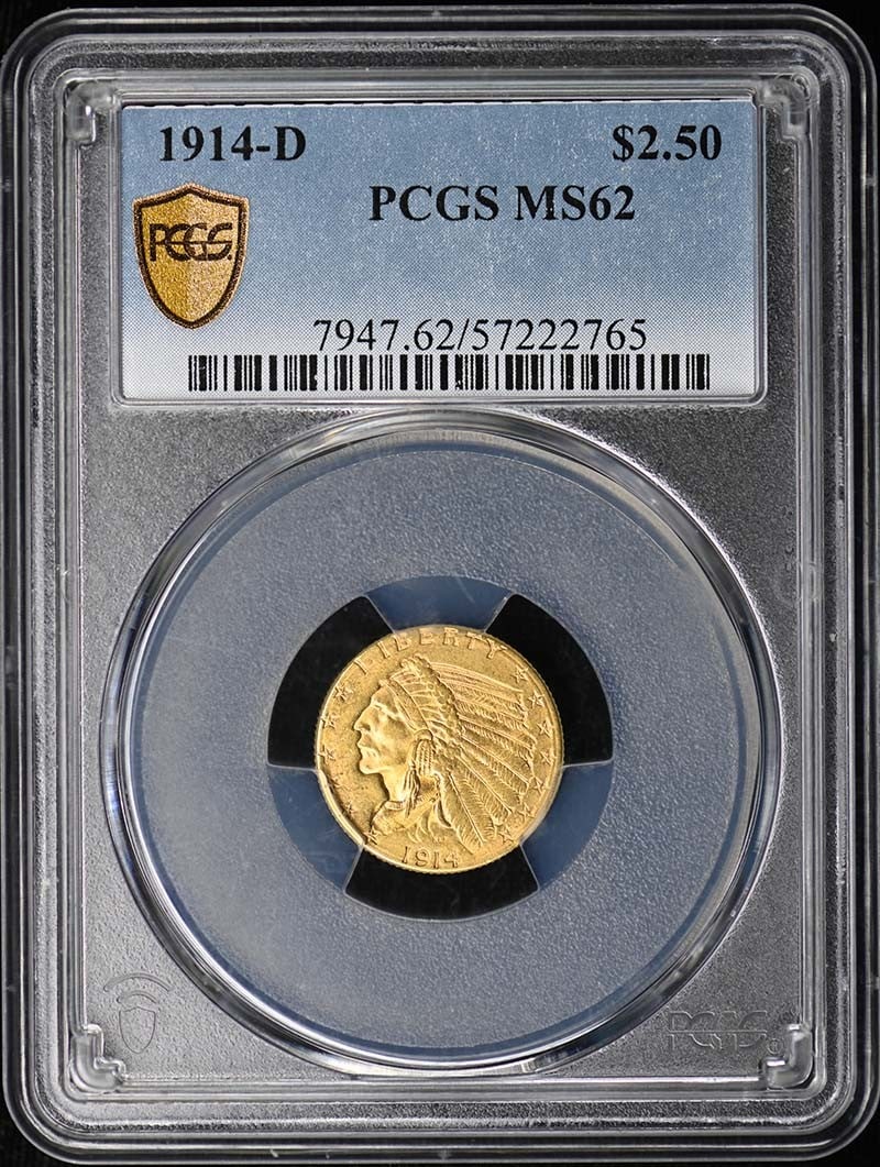 1914 Denver Indian Head 2.5 Dollar Gold Coin PCGS MS62: 1914 Denver Indian Head 2.5 Dollar Gold Coin PCGS MS62 This 1914-D $2.50 Indian Head gold coin is graded MS62 by PCGS and remains uncirculated. Struck at the Denver Mint, it features the iconic Indian