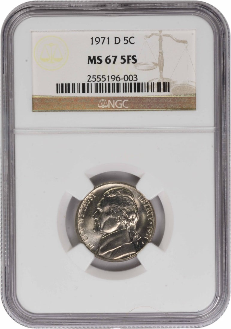 NGC Graded MS67 1971 Denver Jefferson Nickel 5FS: NGC Graded MS67 1971 Denver Jefferson Nickel 5FS This 1971-D Jefferson Nickel is an uncirculated coin graded MS67 with 5 Full Steps by NGC. Minted in Denver, this nickel features the design by Felix S