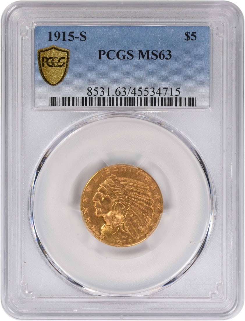 1915 San Francisco $5 Indian Half Eagle Gold Coin PCGS MS63: 1915 San Francisco $5 Indian Half Eagle Gold Coin PCGS MS63 This is a 1915-S $5 Gold Indian coin graded MS63 by PCGS, featuring the design by Bela Lyon Pratt. Struck at the San Francisco Mint, this pr