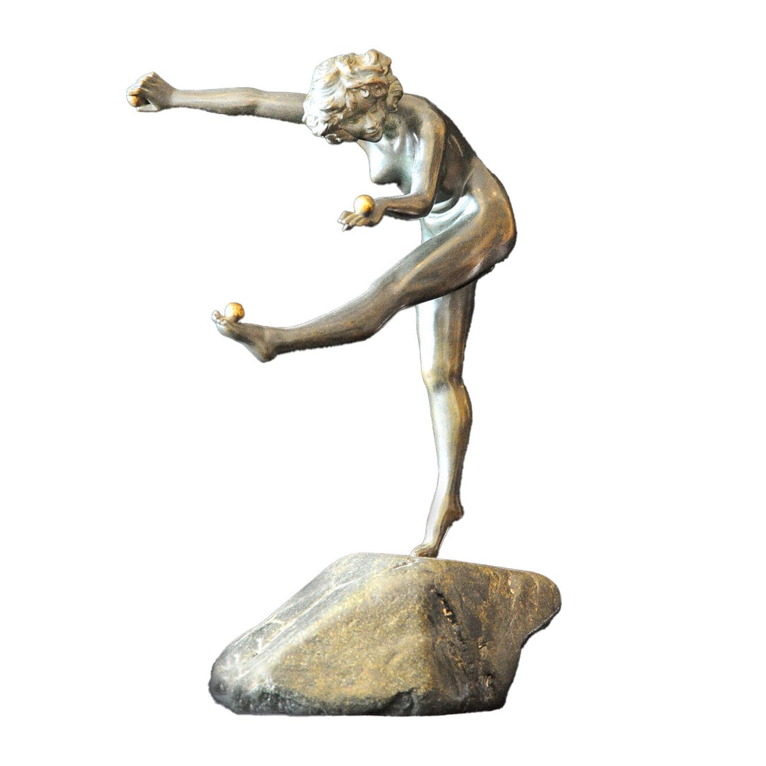 Colinet Art Nouveau bronze nude dancer sculpture 10.25 in: Colinet Art Nouveau bronze nude dancer sculpture 10.25 in This Art Nouveau bronze sculpture depicts a nude dancer and stands 10.25 inches tall. The piece is marked "Colinet" on the base, reflecting th