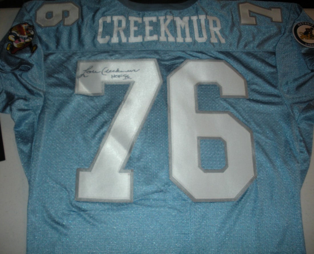 Signed Rawlings Jersey Lou Creekmur Detroit Lions HOF 96 With COA: Signed Rawlings Jersey Lou Creekmur Detroit Lions HOF 96 With COA This is an official licensed Rawlings Detroit Lions jersey autographed by Lou Creekmur, a Hall of Fame inductee in 1996. The jersey co