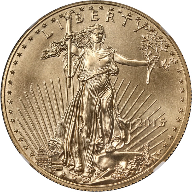 2015 $50 Gold Eagle NGC MS70 Early Releases Blue Label Coin: 2015 $50 Gold Eagle NGC MS70 Early Releases Blue Label Coin This 2015 Gold American Eagle $50 coin is certified by NGC with a perfect MS70 grade and features the Early Releases Blue Label. Struck in 2