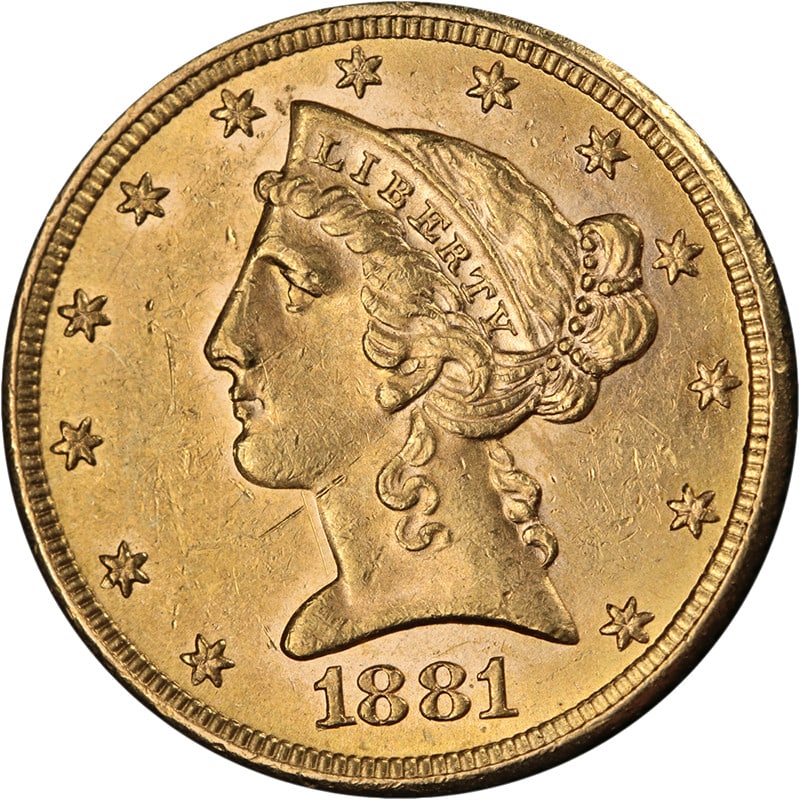 1881 Philadelphia Liberty Five Dollar Gold Coin Brilliant Uncirculated: 1881 Philadelphia Liberty Five Dollar Gold Coin Brilliant Uncirculated This original 1881-P Liberty Gold $5 coin features exceptional eye appeal, strong strike, and impressive luster. The coin display
