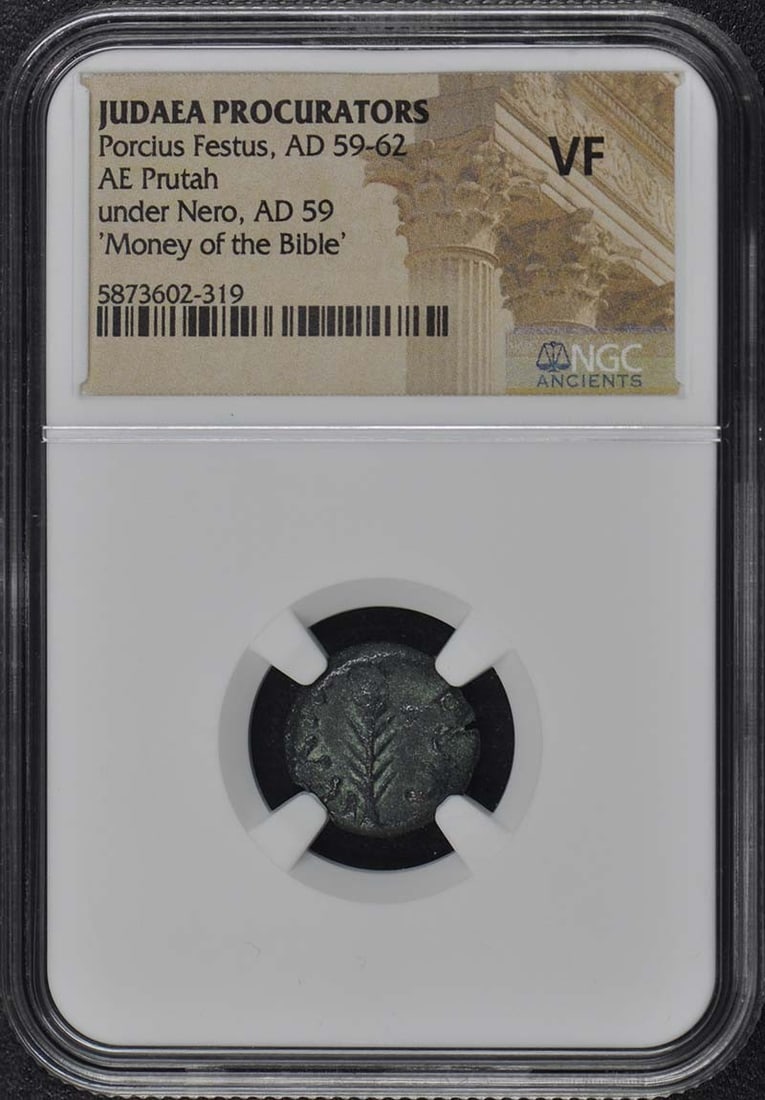 NGC VF20 Judaea AE Prutah Porcius Festus: NGC VF20 Judaea AE Prutah Porcius Festus This is an ancient bronze AE Prutah coin issued by the Judaea Procurators under Porcius Festus, dating to AD 59-62. The coin has been graded VF20 by NGC and is