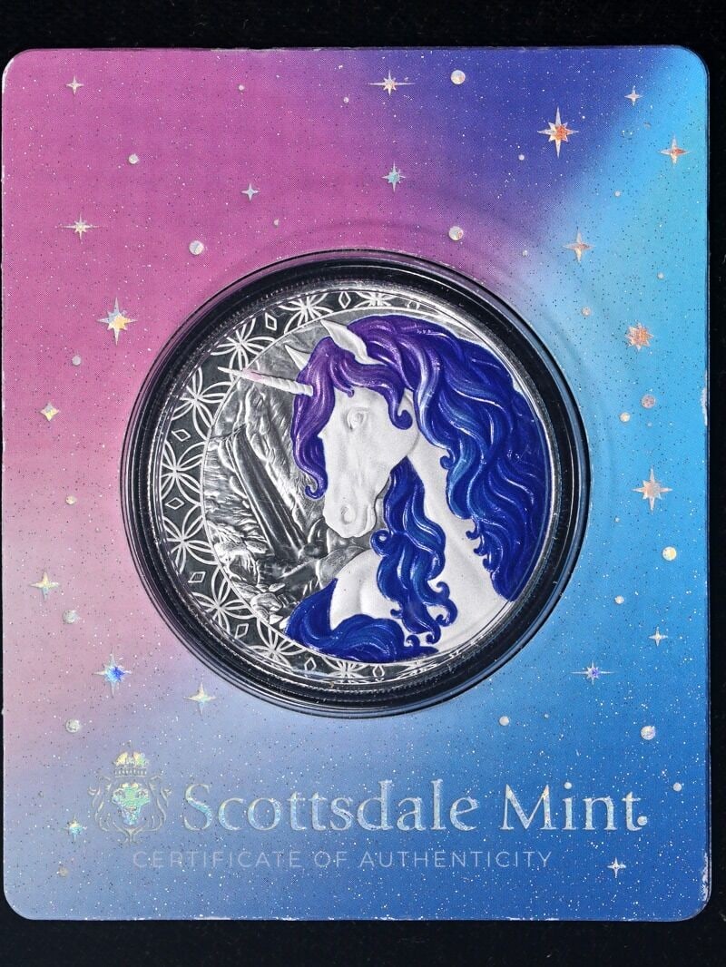 2025 Fiji Silver Unicorn Celestra $1 Carded OGP: 2025 Fiji Silver Unicorn Celestra $1 Carded OGP This 2025 Fiji 1 Ounce Silver $1 Unicorn Celestra Edition coin is presented in its original government packaging (OGP) card. It features brilliant uncir