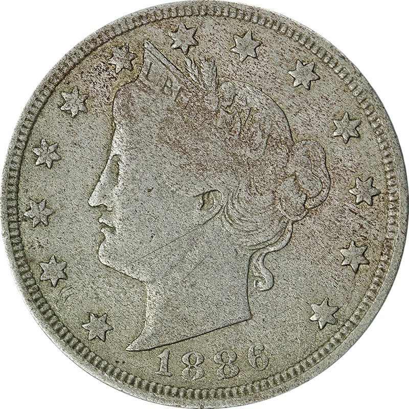 1886 Liberty V Nickel F/VF Key Date Nice Strike: 1886 Liberty V Nickel F/VF Key Date Nice Strike This original 1886 Liberty V Nickel is a key date coin with decent eye appeal and a nice strike. The coin has been circulated and is graded as F/VF Deta