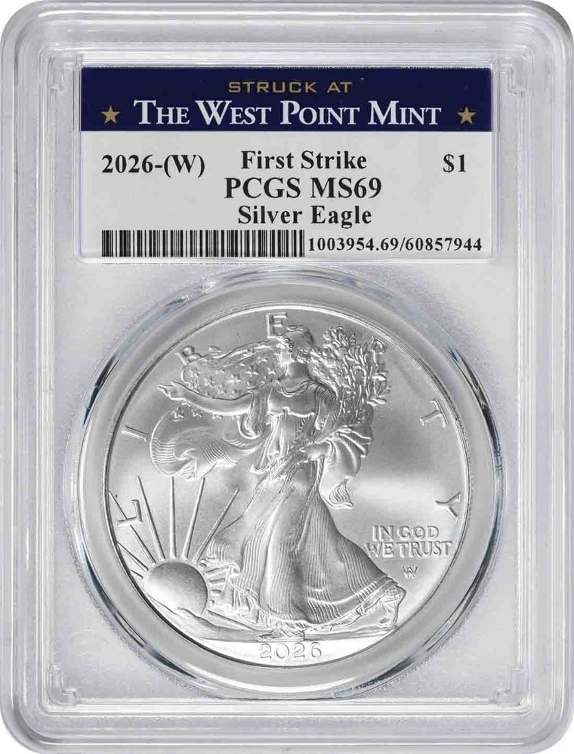 2026 W American Silver Eagle PCGS MS69 West Point Label: 2026 W American Silver Eagle PCGS MS69 West Point Label This 2026 American Silver Eagle coin is graded MS69 by PCGS and features the First Strike designation. Struck at the West Point Mint, it is comp