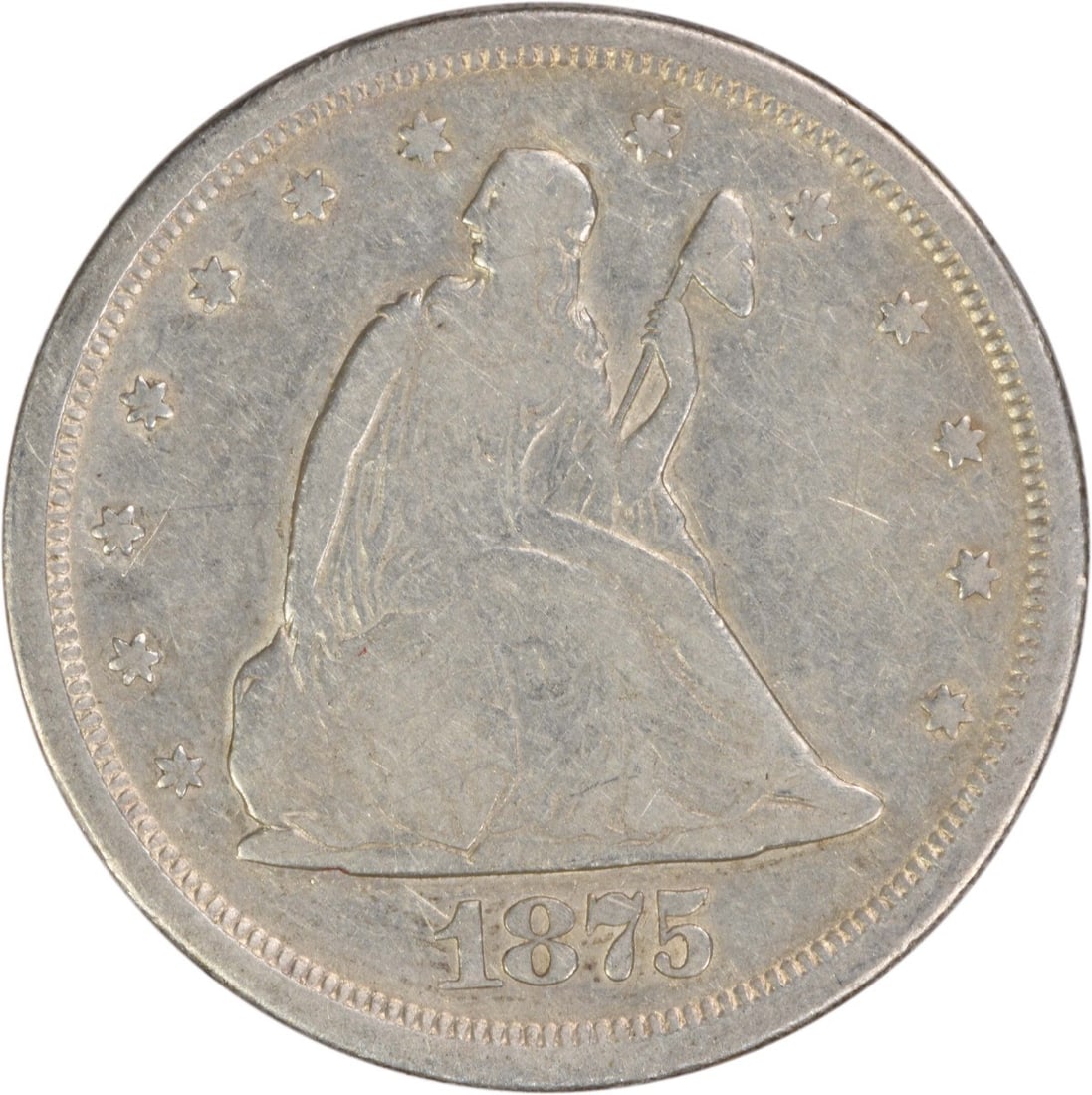 1875 San Francisco 20 Cent Silver Coin VG Grade Uncertified: 1875 San Francisco 20 Cent Silver Coin VG Grade Uncertified This is an 1875-S Twenty Cent silver coin from the United States, minted in San Francisco. It is a circulated piece graded VG (Very Good), d