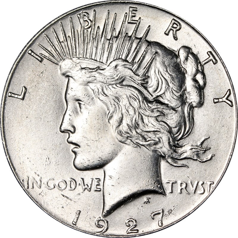 1927 P Peace Silver Dollar: 1927 P Peace Silver Dollar This is a 1927-P Peace Dollar from the United States, featuring a composition of silver with a fineness of 0.9. The coin is circulated and pre-owned, and it is not certified