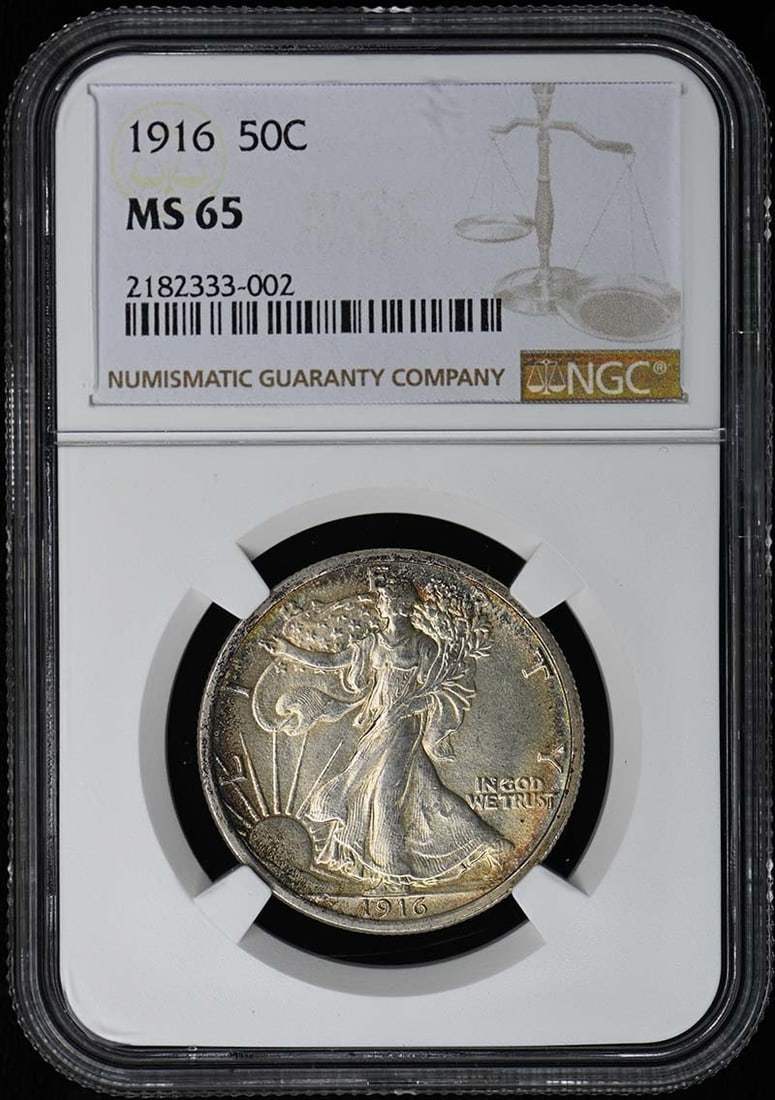 NGC MS65 1916 Walking Liberty Half Dollar 50C: NGC MS65 1916 Walking Liberty Half Dollar 50C This is a 1916 Walking Liberty Half Dollar graded MS65 by NGC. The coin is uncirculated and was minted in Philadelphia. It features the iconic Walking Lib