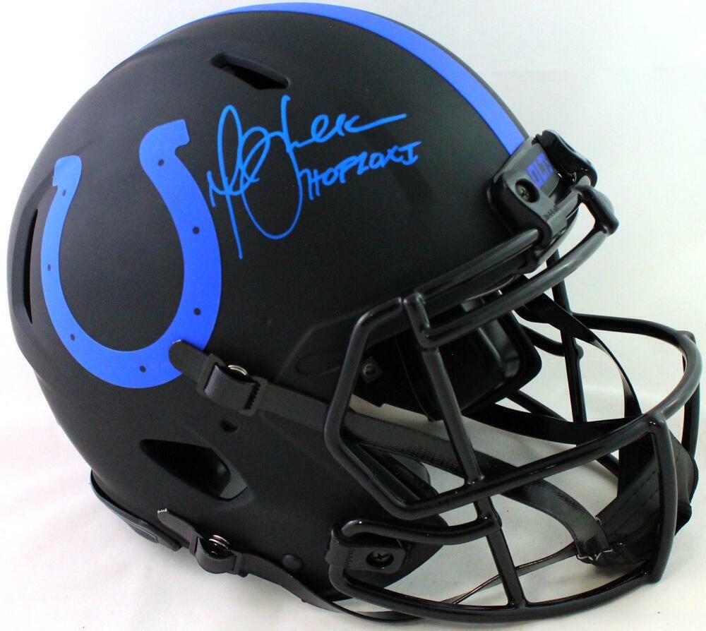 Marshall Faulk Colts Eclipse Full Size Helmet Beckett HOF autograph: Marshall Faulk Colts Eclipse Full Size Helmet Beckett HOF autograph This is an authentic Indianapolis Colts Eclipse full-size helmet signed by Marshall Faulk. The autograph is authenticated by Beckett