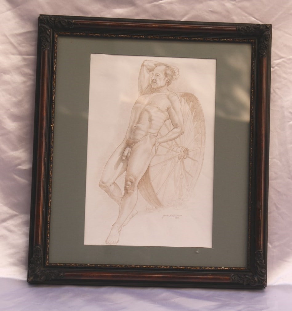 Signed 1993 Nude Watercolor Painting by James Hawkins Framed: Signed 1993 Nude Watercolor Painting by James Hawkins Framed Watercolor on paper painting by American listed artist James Hawkins, featuring a nude male figure. The work is signed and dated 1993 and i