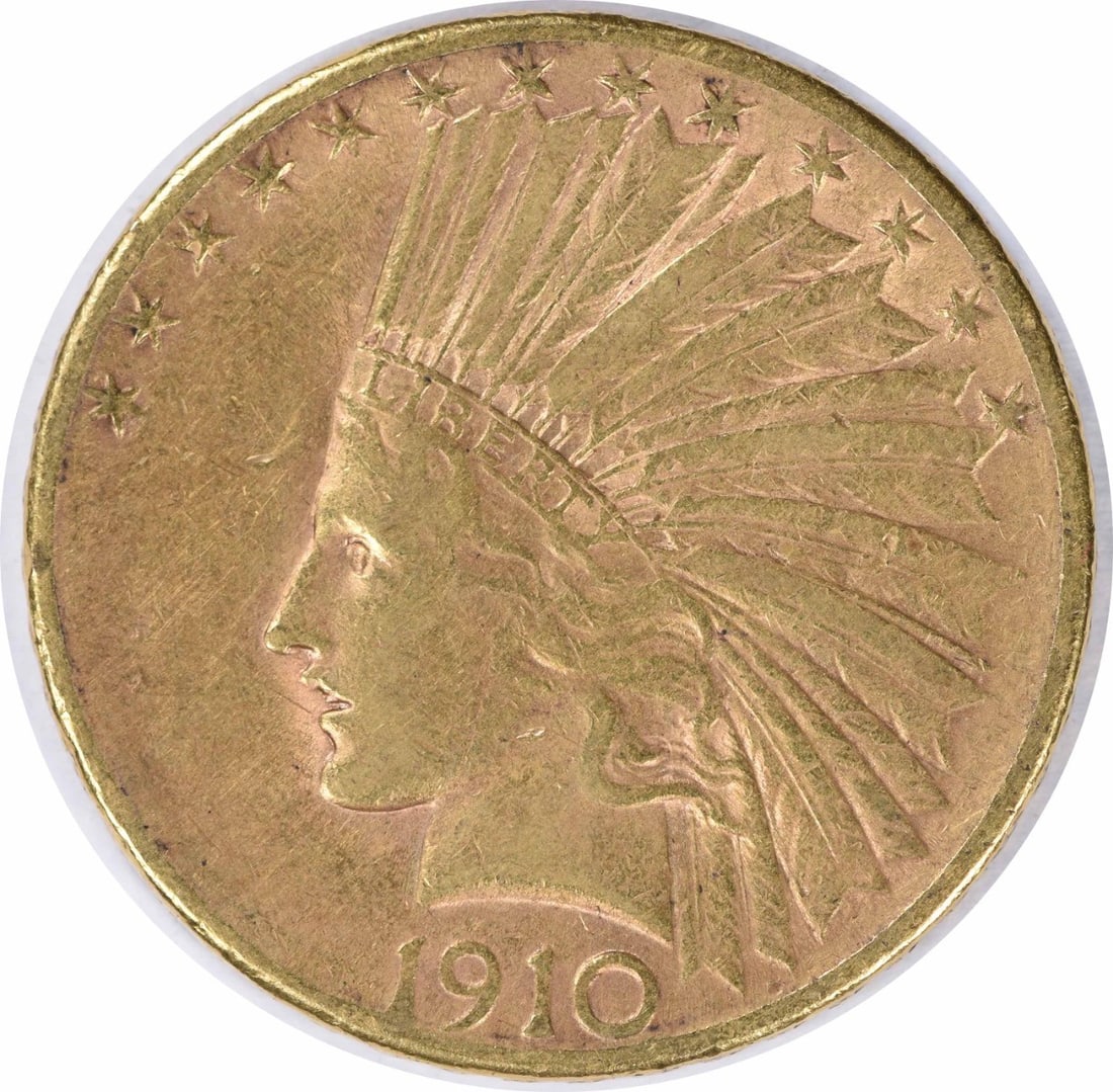 1910-S $10 Gold Indian Coin by Augustus Saint Gaudens: 1910-S $10 Gold Indian Coin by Augustus Saint Gaudens This 1910-S $10 Gold Indian coin showcases a stunning design by Augustus Saint Gaudens, recognized for its historical significance and craftsmansh