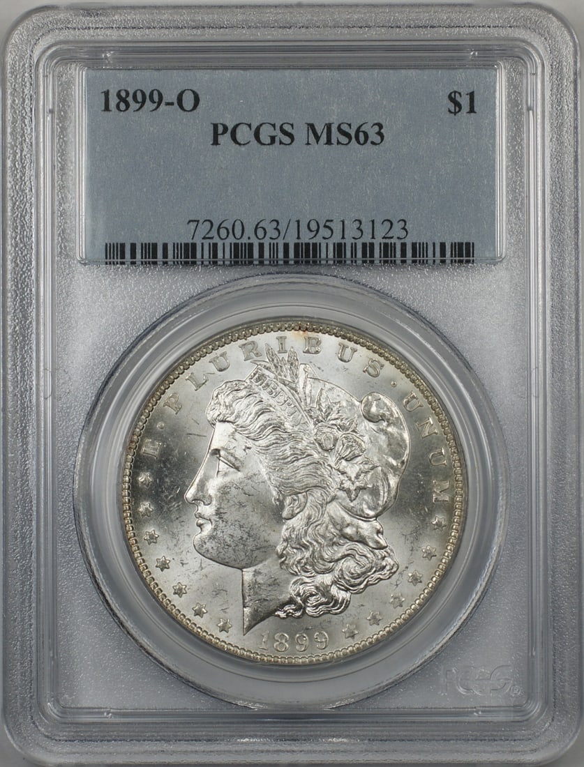 PCGS MS63 1899-O Morgan Silver Dollar: PCGS MS63 1899-O Morgan Silver Dollar This 1899-O Morgan Silver Dollar is an uncirculated coin graded MS-63 by PCGS. Struck in New Orleans, it is composed of silver and represents a well-preserved exa