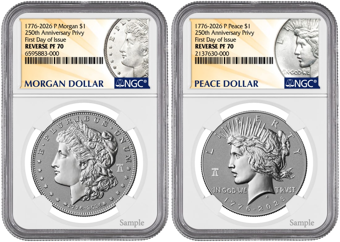NGC PR70 2026-P Reverse Proof Morgan Peace Silver Dollar FDOI 1776: NGC PR70 2026-P Reverse Proof Morgan Peace Silver Dollar FDOI 1776 2026-P Reverse Proof Morgan & Peace Silver Dollar graded PR70 by NGC. This silver coin is struck in proof quality with a 0.999 finene