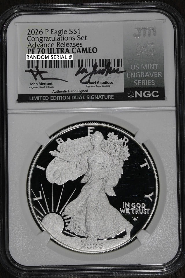 NGC PF70 DCAM 2026 American Silver Eagle Proof Dollar Mercanti: NGC PF70 DCAM 2026 American Silver Eagle Proof Dollar Mercanti 2026 American Silver Eagle $1 proof coin graded PF 70 DCAM by NGC. It is composed of 0.999 fine silver with 1 oz of precious metal conten
