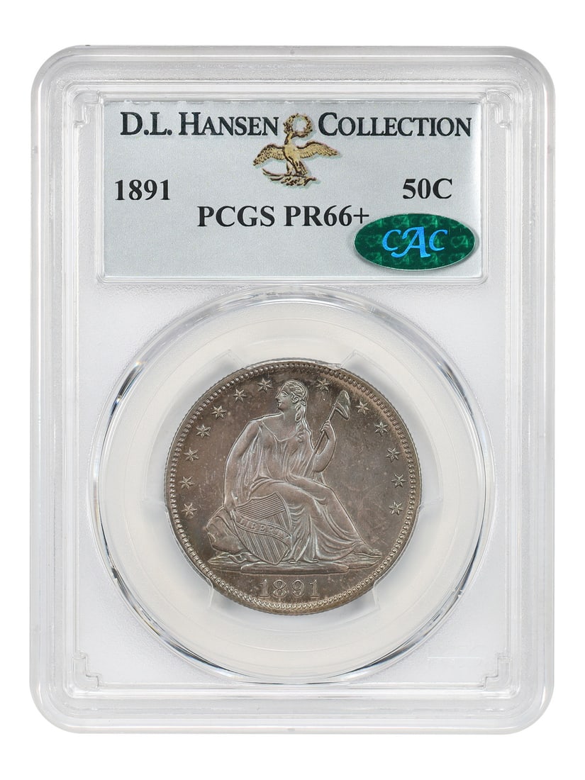 1891 Liberty Seated Half Dollar 50C PR66+ PCGS CAC: 1891 Liberty Seated Half Dollar 50C PR66+ PCGS CAC 1891 Liberty Seated Half Dollar 50C, graded PCGS PR66+ and approved by CAC. This uncirculated Philadelphia proof example is from a proof mintage of o