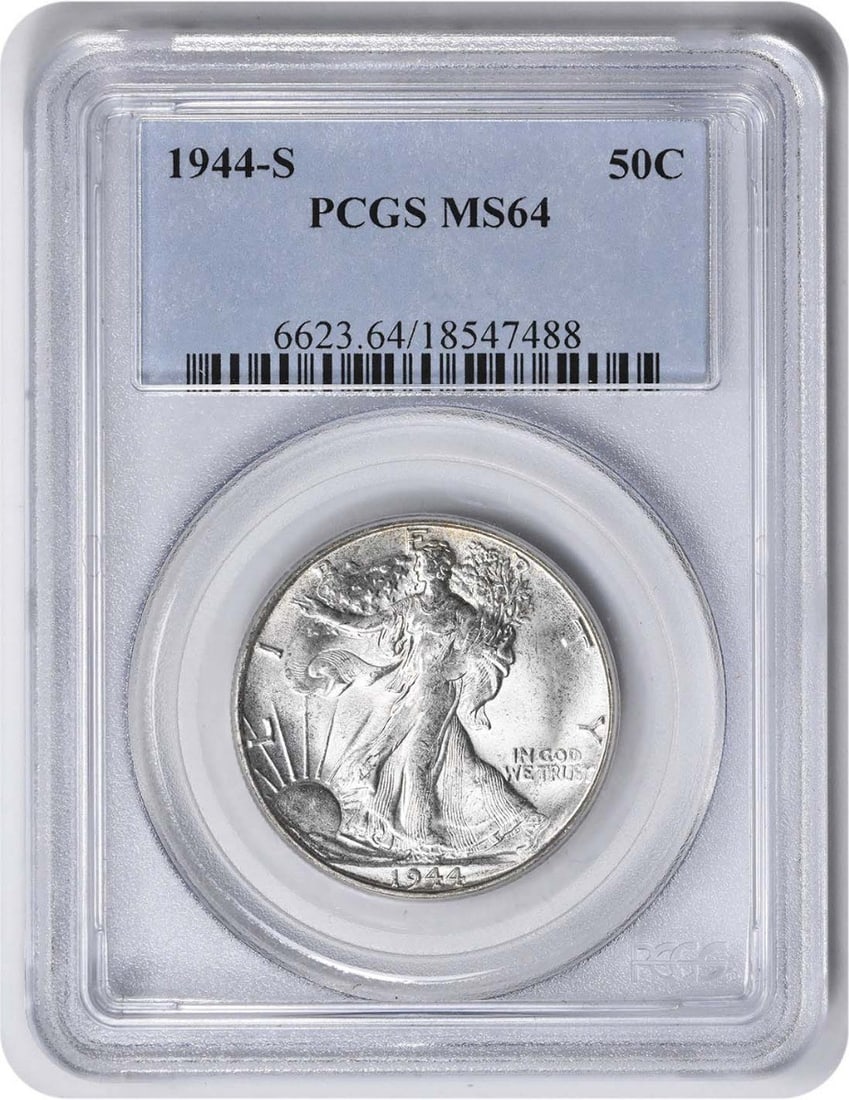 1944-S Walking Liberty Half Dollar RPM 1 MS64 PCGS Certified Silver Coin: 1944-S Walking Liberty Half Dollar RPM 1 MS64 PCGS Certified Silver Coin This 1944-S/S Walking Liberty Half Dollar is a remarkable addition for any coin collector. Graded MS64 by PCGS, this uncirculat