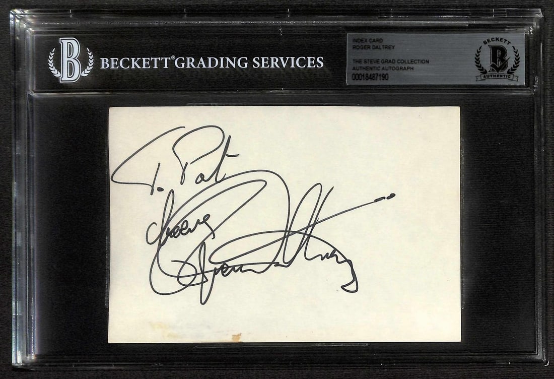 Beckett Authenticated Roger Daltrey Signed 5x7 Index Card: Beckett Authenticated Roger Daltrey Signed 5x7 Index Card This is a 5x7 index card hand-signed by Roger Daltrey, the renowned frontman of The Who. The autograph is authenticated and encapsulated by