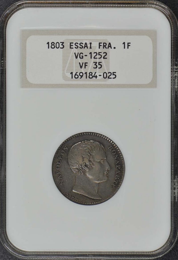 1803 ESSAI France Coin NGC VF35 Top Pop Certified: 1803 ESSAI France Coin NGC VF35 Top Pop Certified This 1803 ESSAI FRANCE 1 Franc coin is certified by NGC with a grade of VF35, making it a top-pop specimen in its category. It has been circulated