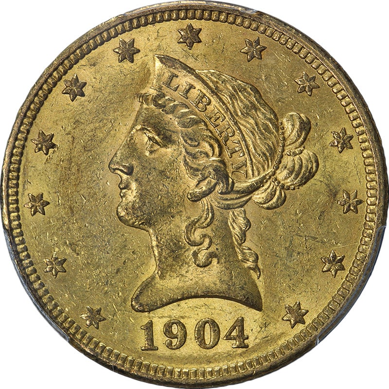 1904-O $10 Liberty Gold Coin PCGS AU58 with Lustrous Finish: 1904-O $10 Liberty Gold Coin PCGS AU58 with Lustrous Finish This original 1904-O Liberty Gold $10 coin features attractive luster, a strong strike, and appealing color and surfaces. Graded AU58 by