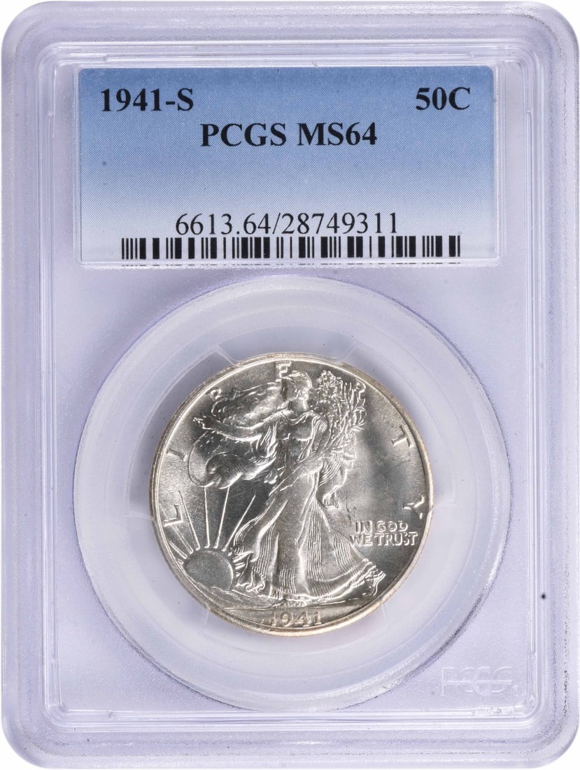 PCGS MS64 1941-S Walking Liberty Half Dollar: PCGS MS64 1941-S Walking Liberty Half Dollar This 1941-S Walking Liberty Silver Half Dollar is graded MS64 by PCGS. Featuring the iconic Liberty Walking design, this uncirculated coin was minted in