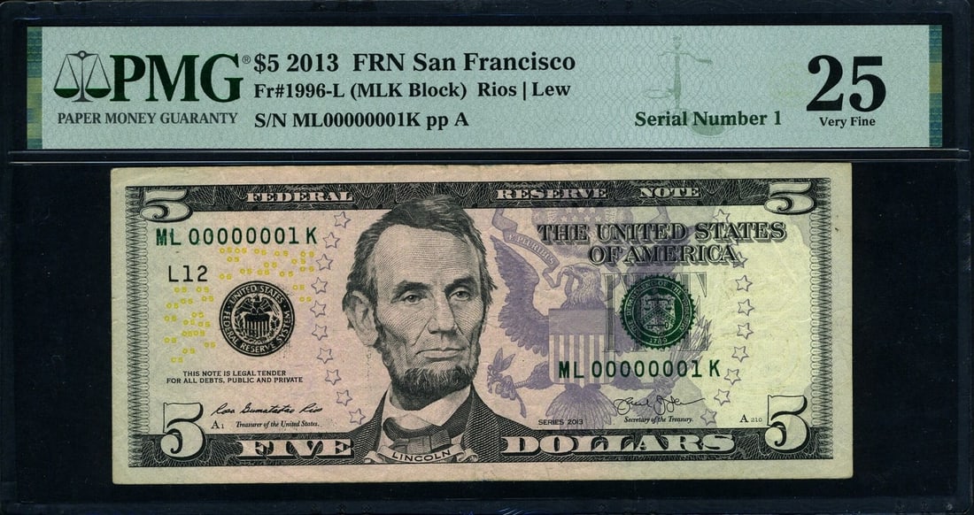 2013 $5 Federal Reserve Note PMG VF25 Serial 1: 2013 $5 Federal Reserve Note PMG VF25 Serial 1 This is a 2013 $5 Federal Reserve Note (FR. 1996 L) from the United States, featuring the rare serial number ML00000001K. The note has been certified by