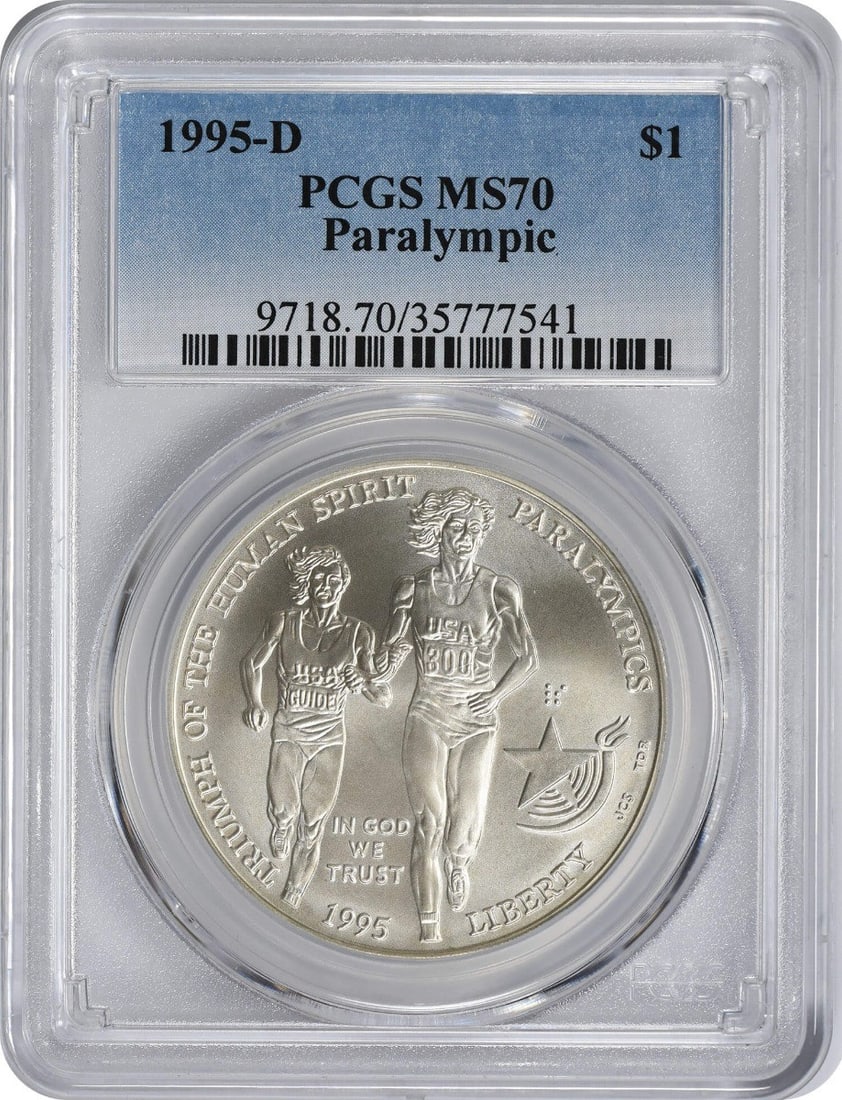 PCGS MS70 1995-D US Paralympic Silver Commemorative Dollar: PCGS MS70 1995-D US Paralympic Silver Commemorative Dollar A 1995-D Blind Runner Paralympic commemorative dollar coin graded MS70 by PCGS. This uncirculated silver coin is a United States issue with a