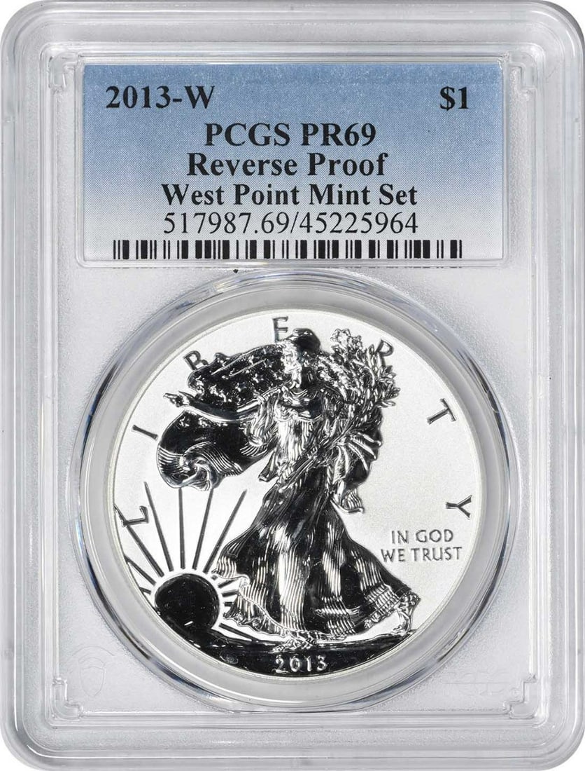 2013-W American Silver Eagle Proof PR69 PCGS West Point Mint Coin: 2013-W American Silver Eagle Proof PR69 PCGS West Point Mint Coin This 2013-W $1 American Silver Eagle coin is a stunning piece from the West Point Mint, certified by PCGS with a high grade of PR69. C