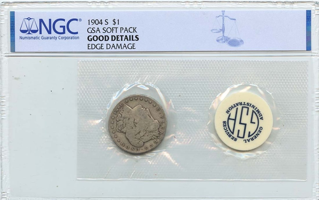 NGC Certified 1904 San Francisco Morgan Silver Dollar GSA Soft Pack: NGC Certified 1904 San Francisco Morgan Silver Dollar GSA Soft Pack This is a 1904-S Morgan Dollar in a GSA soft pack, certified by NGC with a grade of G Details. Minted in San Francisco, this pre-own
