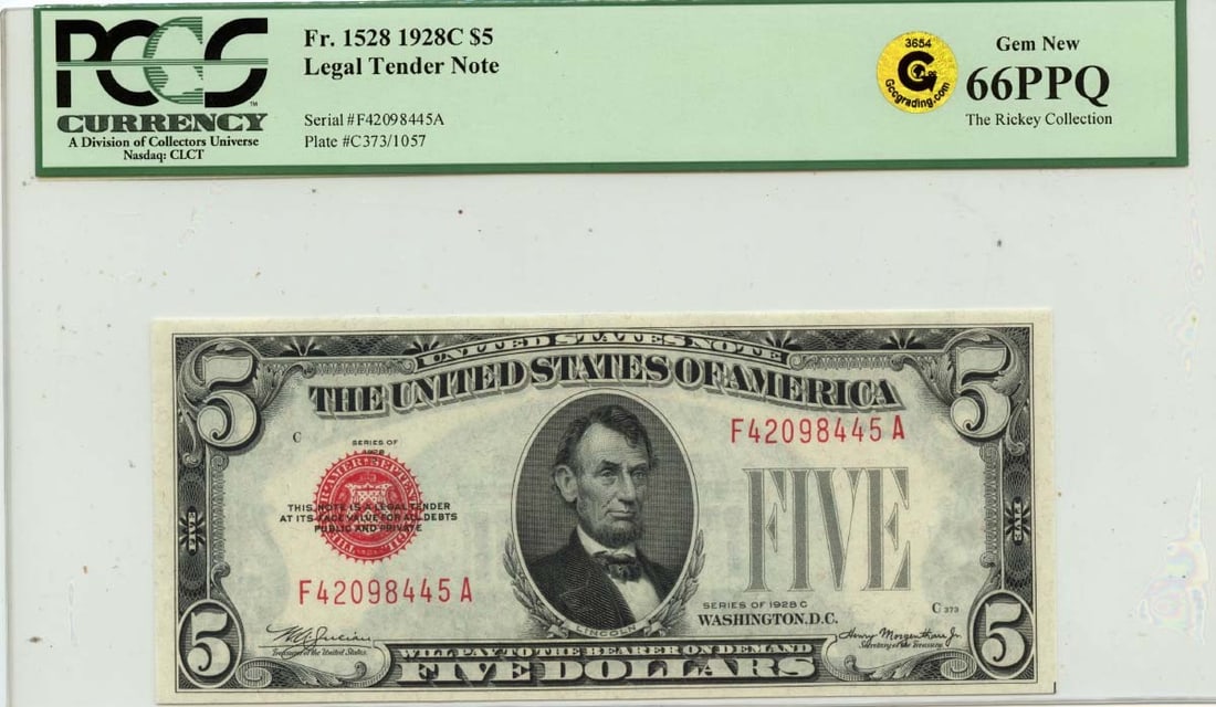 1928C Five Dollar Legal Tender Note PCGS Gem Uncirculated 66 PPQ: 1928C Five Dollar Legal Tender Note PCGS Gem Uncirculated 66 PPQ This is a 1928C $5 Legal Tender Note from the United States, graded MS66 GEM Uncirculated by PCGS Currency. The note is certified with 