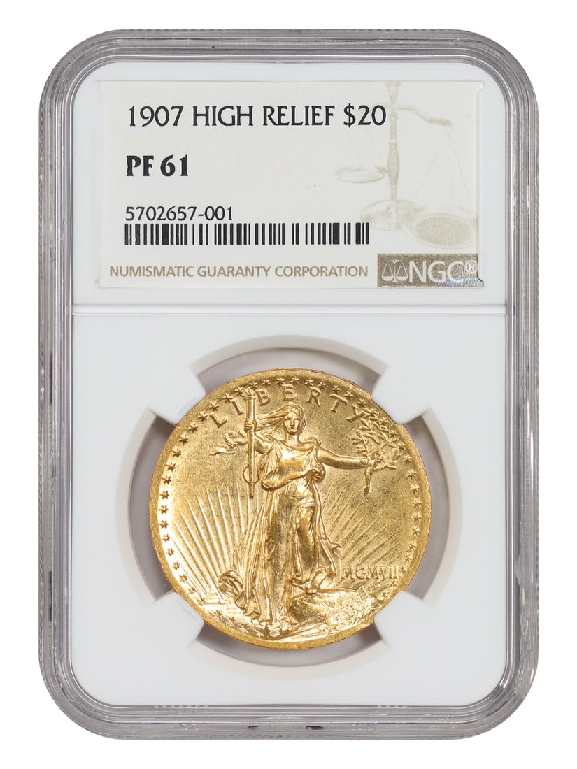 NGC PR61 1907 St. Gaudens $20 High Relief Flat Edge: NGC PR61 1907 St. Gaudens $20 High Relief Flat Edge 1907 $20 High Relief St. Gaudens $20 coin, graded NGC PR61 with a flat edge. Minted in Philadelphia and listed as uncirculated, this piece is descri
