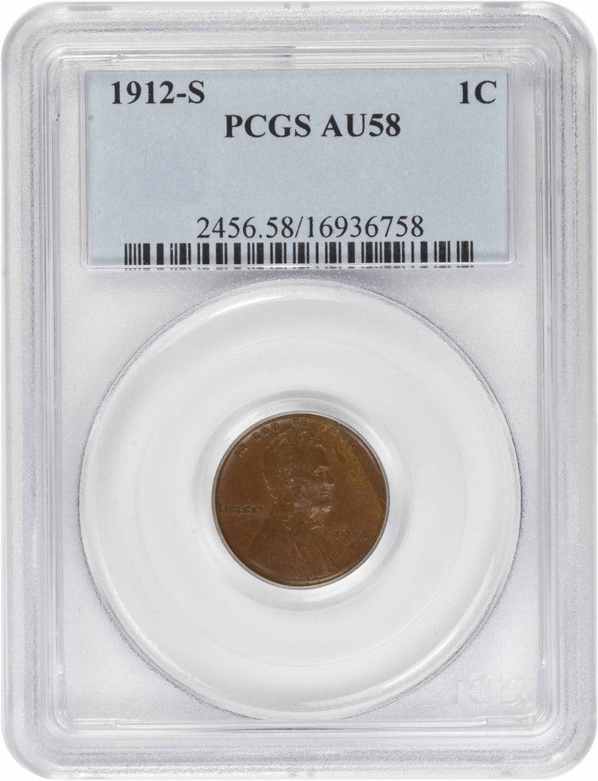 PCGS AU58 1912 S Lincoln Wheat Small Cent: PCGS AU58 1912 S Lincoln Wheat Small Cent 1912-S Lincoln Cent graded AU58 by PCGS. This circulated pre-owned coin is a Lincoln Wheat Small Cent from the United States, struck in copper. Specifications