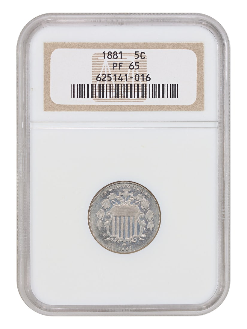 NGC PR65 1881 Shield Nickel 5C Philadelphia Proof: NGC PR65 1881 Shield Nickel 5C Philadelphia Proof 1881 Shield Nickel 5C in NGC PR65 grade. This uncirculated proof coin was struck at the Philadelphia Mint and is certified by NGC. Condition is pre-ow