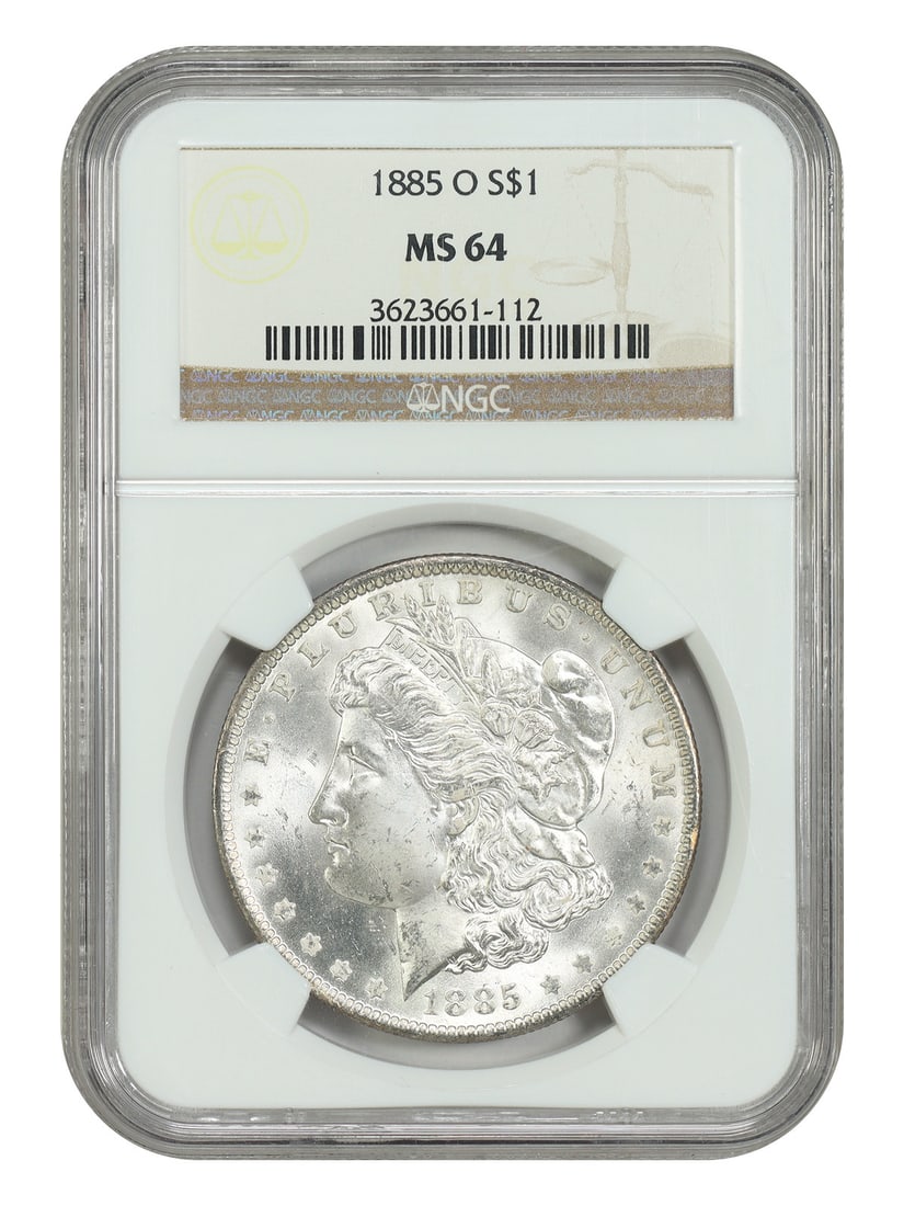 NGC MS64 1885-O $1 Morgan Dollar New Orleans Mint: NGC MS64 1885-O $1 Morgan Dollar New Orleans Mint An 1885-O Morgan Dollar $1 certified by NGC and graded MS64. This uncirculated New Orleans issue is a readily available Morgan silver dollar with a mi