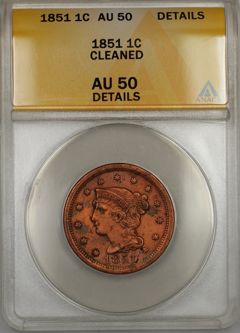 1851 Large Cent Copper AU 50 Details ANACS Certified Braided Hair Cleaned: 1851 Large Cent Copper AU 50 Details ANACS Certified Braided Hair Cleaned This 1851 Braided Hair Large Cent features a 1 cent denomination and is certified by ANACS with an AU-50 Details grade, noting