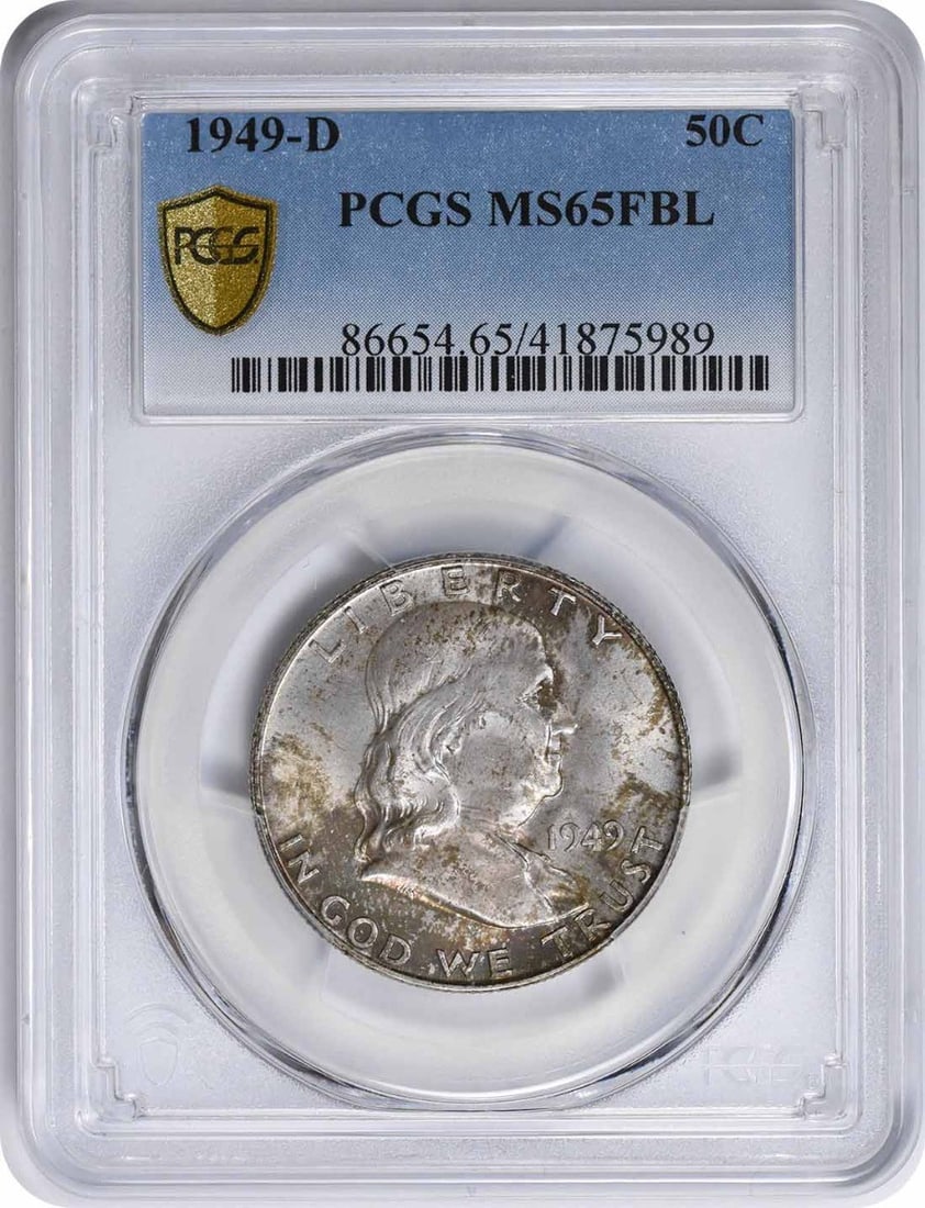 PCGS MS65FBL 1949-D Franklin 90 Percent Silver Half Dollar: PCGS MS65FBL 1949-D Franklin 90 Percent Silver Half Dollar This 1949-D Franklin Half Dollar is a 50-cent coin from the United States, minted in Denver. Graded MS65FBL by PCGS, it is composed of 90% si