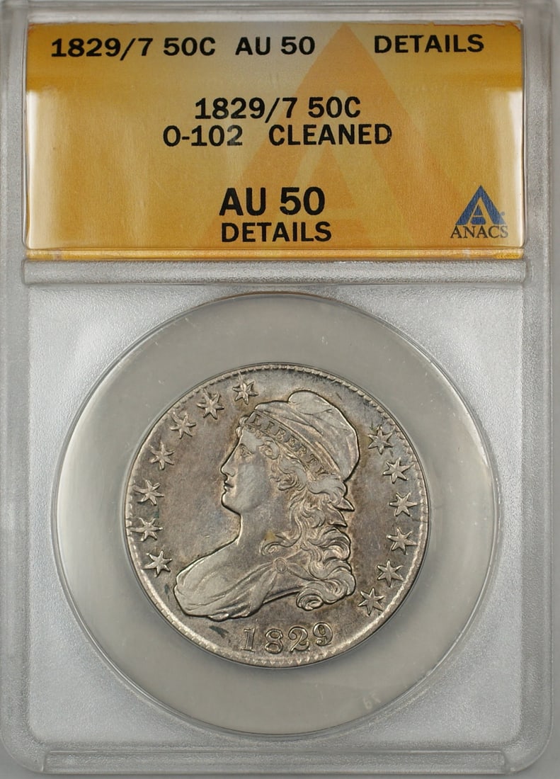 1829 Overdate O-102 Capped Bust Silver Half Dollar ANACS AU-50 Details: 1829 Overdate O-102 Capped Bust Silver Half Dollar ANACS AU-50 Details This 1829/7 Overdate Capped Bust Silver Half Dollar is an O-102 variety coin minted in Philadelphia. Certified by ANACS with a gr