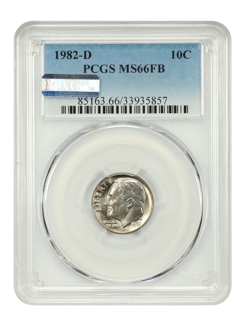 PCGS MS66FB 1982-D Roosevelt Dime 10C: PCGS MS66FB 1982-D Roosevelt Dime 10C 1982-D Roosevelt Dime certified by PCGS and graded MS66FB. This uncirculated 10C coin was struck at the Denver mint and is described as lustrous and modestly tone
