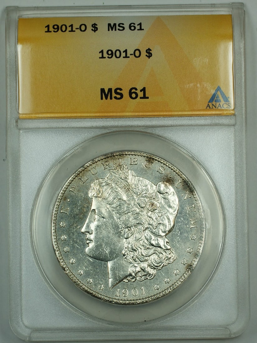ANACS MS-61 1901-O Morgan Dollar Uncirculated Silver Coin: ANACS MS-61 1901-O Morgan Dollar Uncirculated Silver Coin This is a 1901-O Morgan Silver Dollar certified by ANACS with a grade of MS-61. Struck at the New Orleans Mint, this $1 denomination coin is c