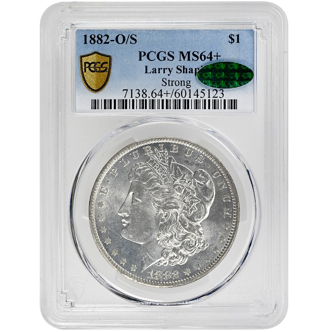 PCGS CAC 1882-O S Morgan Silver Dollar MS64+: PCGS CAC 1882-O S Morgan Silver Dollar MS64+ This is an 1882-O/S Morgan Dollar featuring a strong over-mintmark, graded MS64+ by PCGS and approved by CAC. Struck in New Orleans, this uncirculated silv
