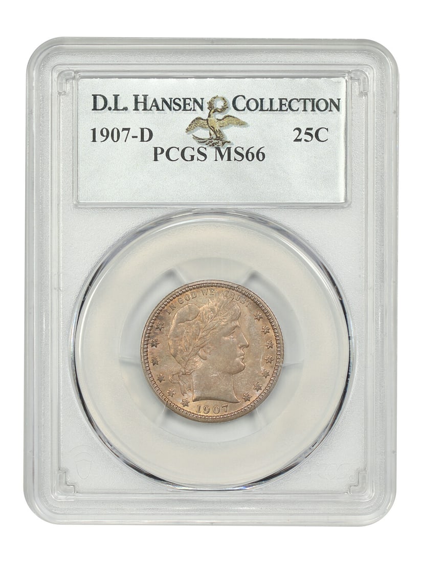 Barber Quarter 1907-D 25C PCGS MS66 ex Pogue: Barber Quarter 1907-D 25C PCGS MS66 ex Pogue 1907-D Barber Quarter certified by PCGS and graded MS66. This Denver Mint example is described as a rare find in wonderful condition and among the very fin