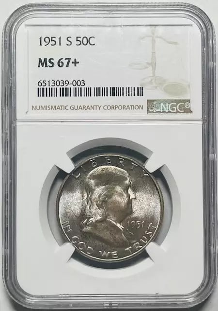 1951 S Franklin Half Dollar NGC MS67+ Uncirculated Silver Coin: 1951 S Franklin Half Dollar NGC MS67+ Uncirculated Silver Coin This 1951 S Franklin Half Dollar is certified by NGC with a remarkable grade of MS-67+, showcasing abundant luster and an uncirculated co