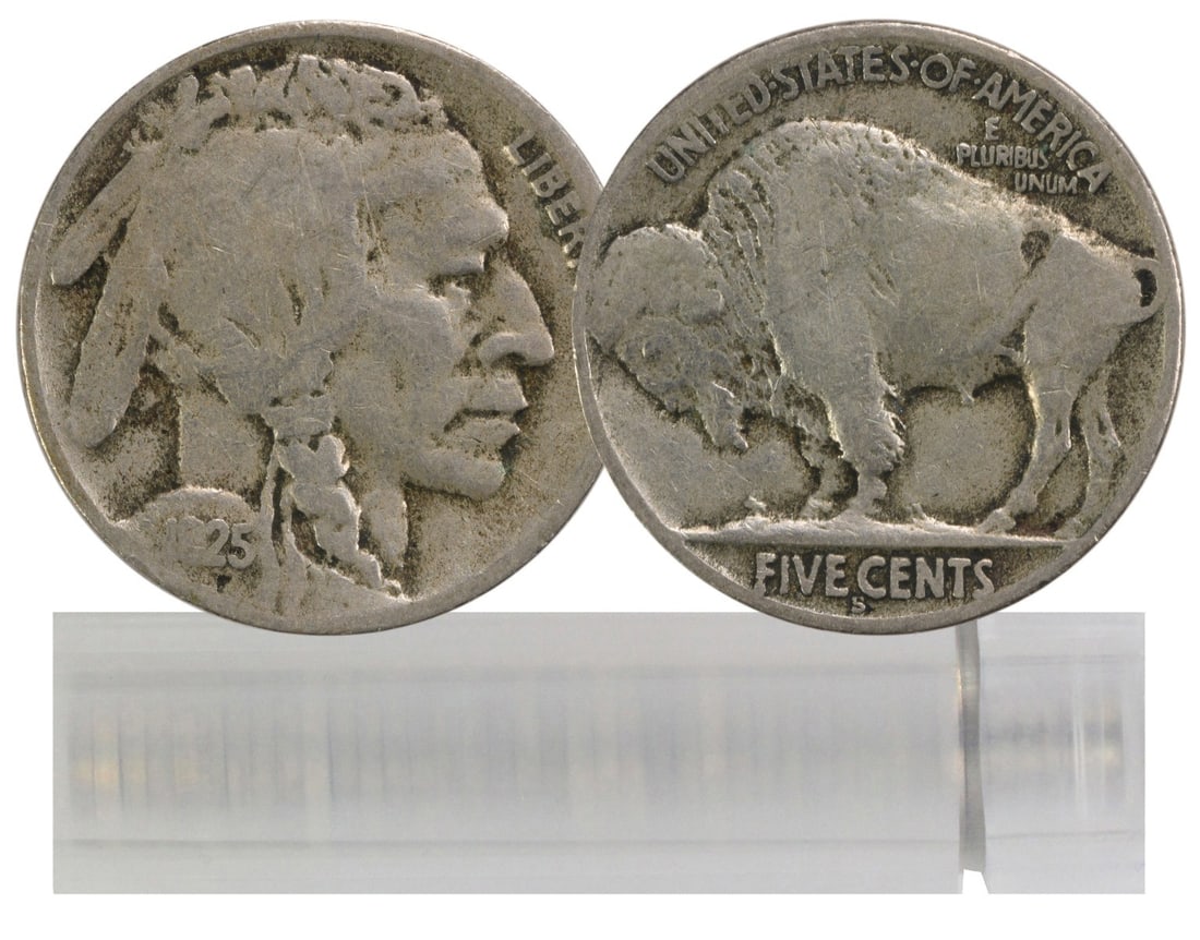 40-Coin Roll 1925-S Buffalo Nickel VG Uncertified: 40-Coin Roll 1925-S Buffalo Nickel VG Uncertified This is a roll of 40 circulated 1925-S Buffalo Nickels from the United States. Each coin features the classic Buffalo Nickel design, with a Native Ame