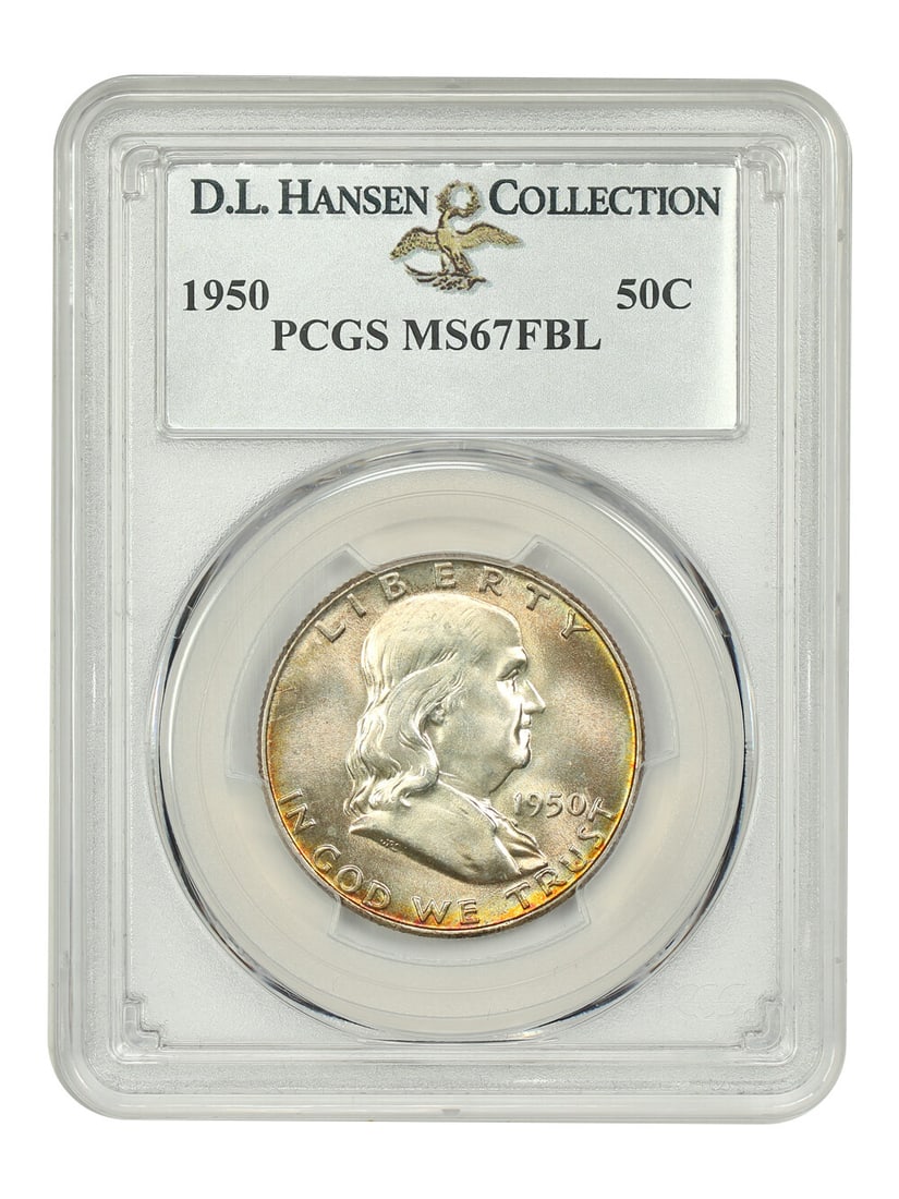1950 Franklin Half Dollar PCGS MS67FBL D.L. Hansen: 1950 Franklin Half Dollar PCGS MS67FBL D.L. Hansen This 1950 50C Franklin Half Dollar is certified by PCGS and carries a certification number of 18737280. It is graded as MS67FBL, indicating it is unc